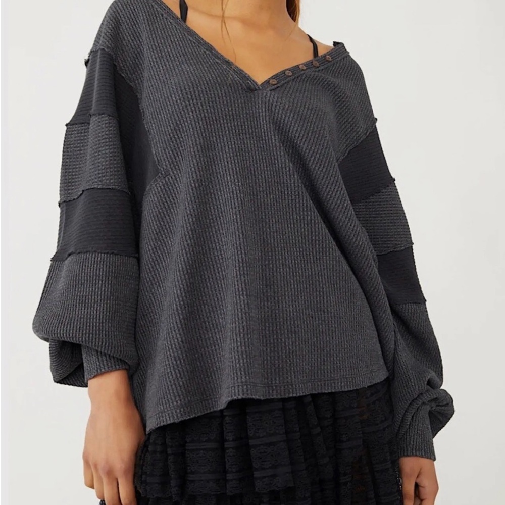 Charcoal Waffle Knit V-Neck Pullover